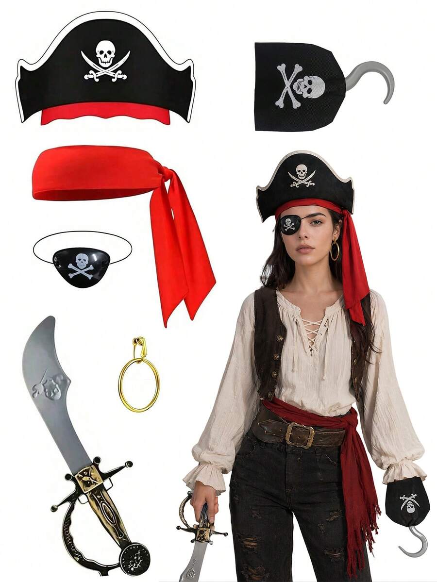 1 Set Pirate Costume Accessories Kit, Includes Pirate Hat, Bandana, Eye Patch, Hook, Hand, Gold Earrings, Prop Sword, Suitable For Halloween Role Play Theme Party Costume Props - Multicolor - View 1