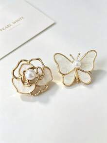 1pc Hollow High-End Floral Brooch, Korean Style Camellia And Pearl Butterfly Brooch Pin, Suitable For Women's Daily Wear Decoration - Multicolor - View 6