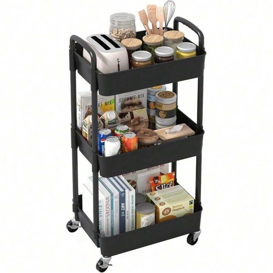 3Tier Rolling Cart Storage Trolley Kitchen Bathroom Laundry Organiser Rack Black - Black - View 1