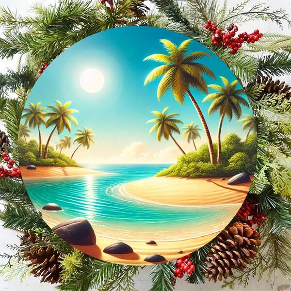 Island Summer Theme Round Aluminum Foil Carved Wall Art Decor - Durable Vintage Metal Sign, Suitable For Bars, Cafes, Restaurants, Homes, Rooms, Garages - Classic Design Hanging Sign, Suitable For Indoor/Outdoor Use, 8x8inch, Perfect Room Decoration