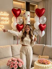 23pcs Red Bow Balloons Set, Includes 32-Inch 0-9 Cream White Number Foil Balloons, With Ribbon Bow Decorations. Perfect For Birthday Party Decor, Couples Anniversary And Valentine's Day Celebration. Romantic Party Decorations. - Red - View 2