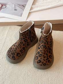1 Pair Kids' Maillard Leopard Print Short Chelsea Boots With Inner Zipper Easy On/Off, Casual Boots To Pair With Denim Jacket - Brown - View 3