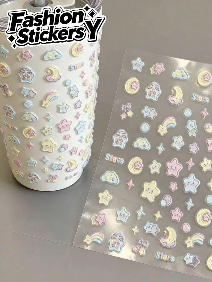 1件馬卡龍星雲裝飾貼紙,微笑星星配月亮彩虹與蝴蝶結元素,柔美夢幻少女風,適合拼貼、手機殼裝飾、水壺貼紙,適用於各種手工藝品,成人3C數位裝飾貼紙 - 馬卡龍星星雲朵 - 查看 1