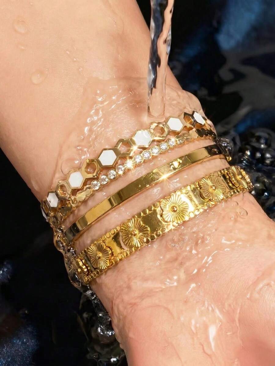 1/3pcs Fashionable Stainless Steel Women's Bracelet Set, 18K Gold Plated, Non-Fading, Waterproof, Sweat-Resistant, Geometric Design, Minimalist High-End Jewelry, Suitable For Daily Commute, Vacation - Gold - View 1