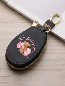 Car Key Case, Bear Print Key Holder, Pu Leather Key Pouch, Cute Bow Car Key Bag, Zipper Key Storage, Portable Car Key Case, Unisex Key Holder - Multicolor - View 14