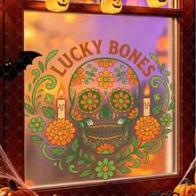 1pc Vintage Style Decorative Sugar Skull Window Sticker With Flowers Candles Leaves Arched Lucky Bones Text Centered Framed By Symmetrical Floral Vines Clear Vinyl Self-Adhesive Removable Easy Peel Stick For Glass Halloween Decoration - Multicolor - View 4