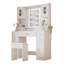 105 * 152 * 40 Cm Dressing Table/Vanity In A Modern, Minimalist Style / High-Quality Vanity Made Of Chipboard / With Adjustable LED Lighting And Power Outlet / Equipped With 6 Drawers And 4 Doors / Suitable For The Bedroom / White - 白色 - 查看 9