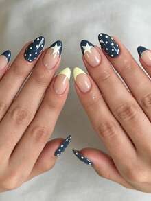 24 Peças Unhas Postiças Ovais Clássicas Elegantes Creme Amarelo & Azul Céu Contraste de Cor Estrela Poá Listras Francesas Brilhantes Brancas-Realçadoras Unhas Postiças Versáteis da Moda Adequadas para Encontros Festas Primavera Verão Mulheres e Meninas Outono Inverno Uso Diário Conjunto de Unhas Postiças Removíveis com Cola de Gelatina e Lixa de Unha Fácil de Usar e Durável Cola de Gelatina Enviada Aleatoriamente - Multicolorido - Visão 4