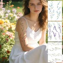 3 Sheets Watercolor Lavender Blue Floral Vine Temporary Tattoo Stickers, Minimalist Colorful Wild Flower Branch Waterproof Fake Tattoos, Elegant Botanical Body Stickers For Arm Shoulder Waist Women Summer Beach Decor - Multicolor - View 7