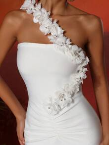 Love Aing Women's Elegant Romantic Pure White 3D Floral One-Shoulder Sleeveless Ruched A-Line Wedding Birthday Party Evening Mermaid Dress - White - View 8