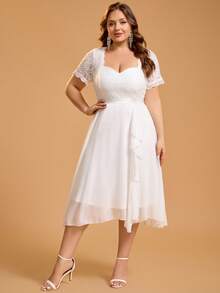 Plus Size Women Solid Color Mature Party Elegant Romantic Chiffon Lace Collar Bridal Gift Party Dress Wedding White Fall - White - View 7