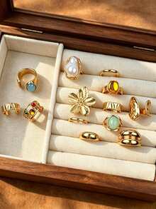 Set de 20/13/6 piezas de anillos vintage elegantes bohemios para mujer, joyería de dedo con gemas de colores irregulares y piedra de ojo de gato, para uso diario, fiesta, vacaciones y regalo - Dorado - Ver 7