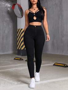 Women's Casual Black Slim Fit Jeans, Button And Zipper Detail Design, Long Length, Medium Stretch, Suitable For Autumn/Winter Wear. - Black - View 6