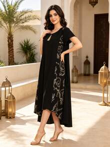 Heavy Gold Embroidery Arabic Women's Black Elegant Dress, JALABIA Gold Tassel Round Neck Short Sleeve Minimalist Style Dress, 2026 Summer Casual Wear - Black - View 7