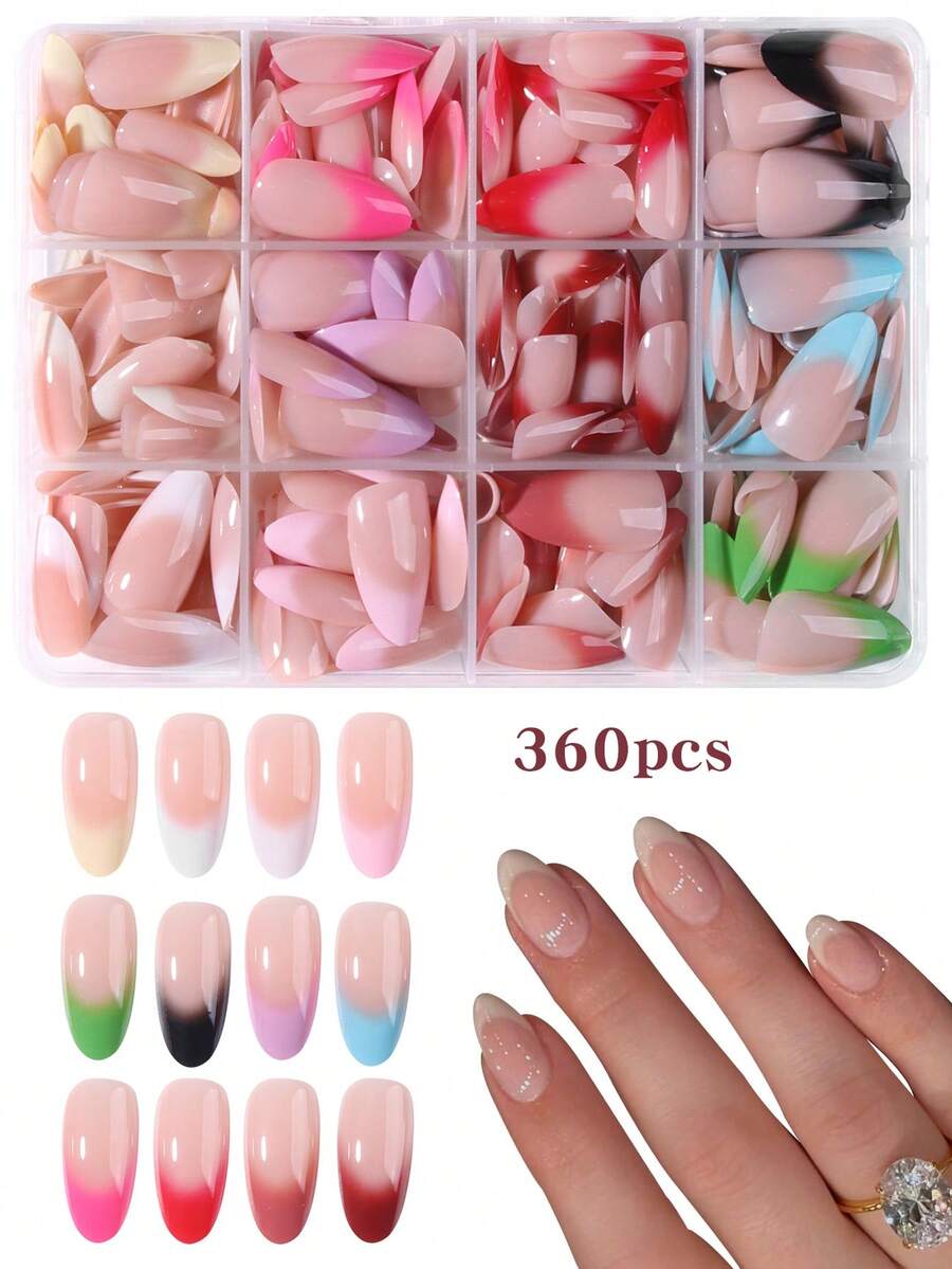360pcs (12 Mixed Styles) Long Almond Shape Press-On Nails, Macaron Color Gradient Design Acrylic Fake Nails Set - Multicolor - View 1