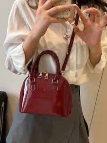 Fashionable Retro Solid Color Glossy Shell-Shaped Double Handle Dome Handbag, Minimalist Design, Zipper Shoulder Bag, Solid Color PU Leather Crossbody Bag, Portable Top Handle Handbag - Burgundy - View 5