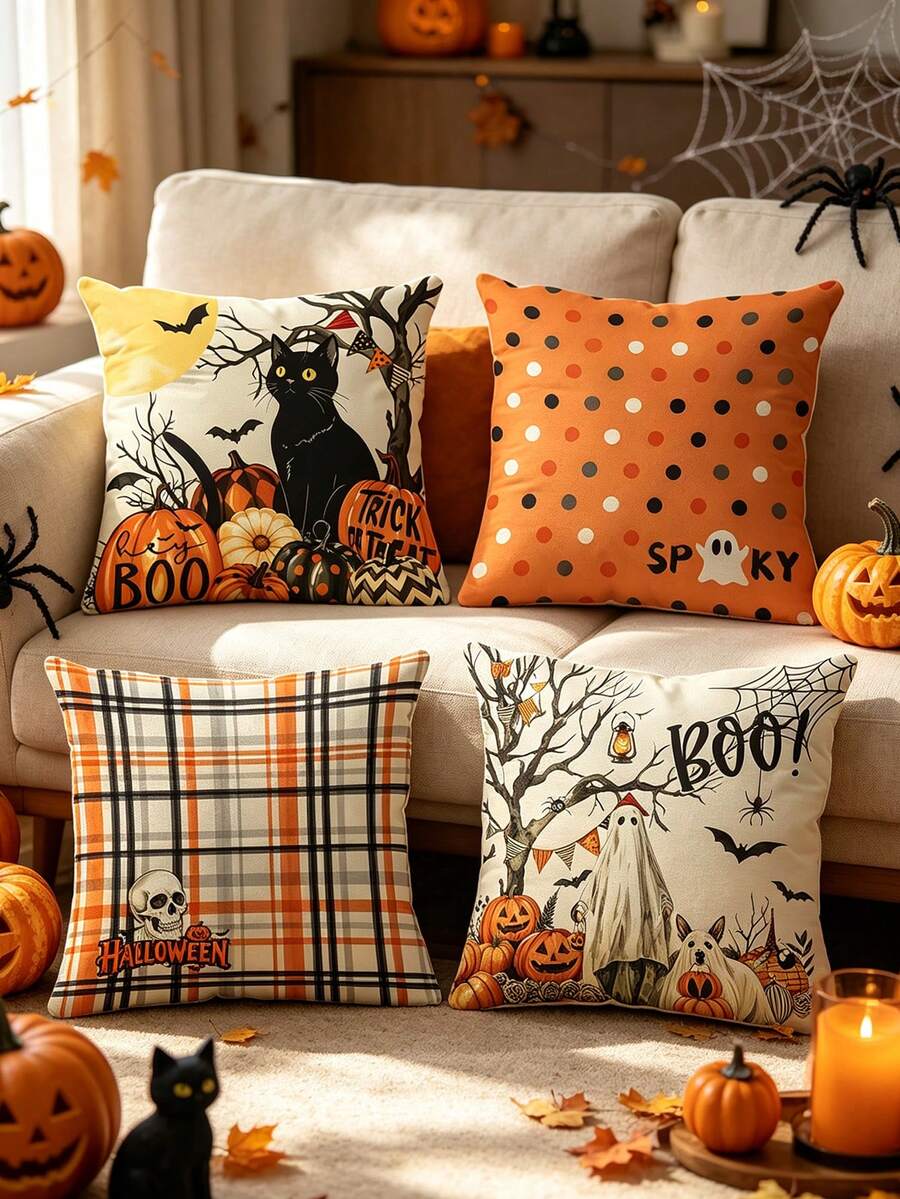 4pcs Pumpkin & Maple Leaf Pattern Single-Sided Printed Pillow Covers (Without Pillow Inserts) Home Decor Sofa Throw Pillow Covers Bedroom Bed Head Pillow Car Cushion Covers Room Decor - Multicolor - View 1