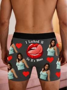 1pc Customizable Men's Boxer Briefs, Black Shorts, Comfortable Breathable Printed Boxer Briefs, Perfect Gift For Husband And Girlfriend On Valentine's Day/Birthday - Grey - View 3