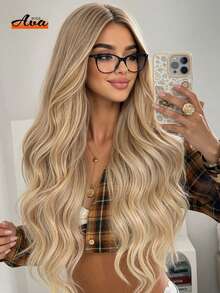 Peluca larga y voluminosa de 28 pulgadas en rosa empolvado, con cabello ondulado y rizado en capas fluidas, raya central natural, cabello sintético suave y sin frizz, gorra suave y flexible, adecuada para actualización de peinado, discoteca, estilo hip-hop, peluca extra larga popular y romántica para mujeres - Dorado - Ver 2