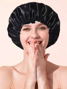 1pc Extra Large Women's Black & White Shower Cap, Double Layer PEVA Hair Cap, Shower Accessories - View 5