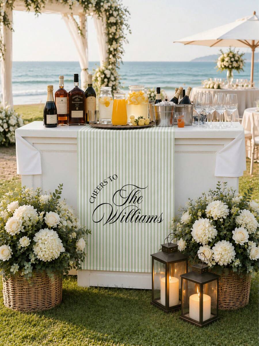 Personalized Striped Wedding Bar Sign, Custom Fabric Banner, And Wedding Reception Beverage Station Decor. - Multicolor - View 1