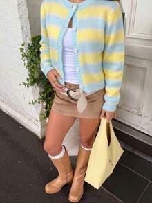 Women's Dopamine Striped Short Knit Cardigan, Soft Fuzzy Blue‑Yellow Sweater Jacket, Sweet Style For Fall Winter Daily & School Outings - Baby Blue - View 3
