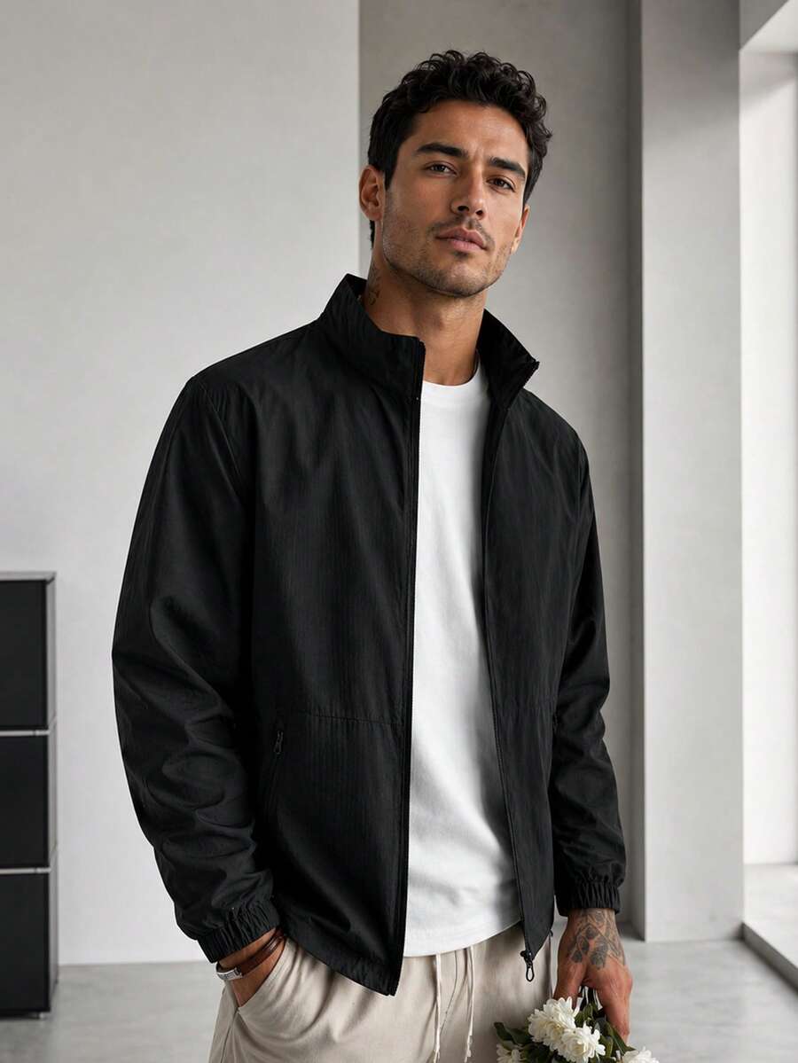1pc Men's Jacket, Black Stand Collar Mesh Lining Jacket, Lightweight Woven Fabric, Men's Outdoor Functional Minimalist Casual Jacket, Suitable For Daily Commute And Outdoor Activities In Spring, Summer And Autumn - Black - View 1