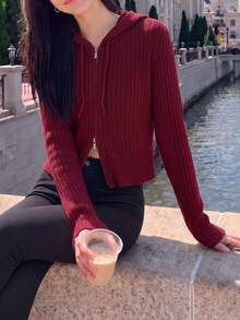 Women's Casual Elegant Vertical Striped Hooded Cardigan Knit Sweater Jacket, Red, Autumn/Winter - Red - View 6