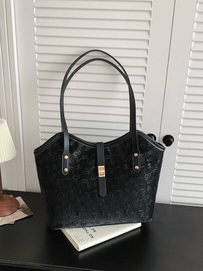 New Vintage All-Over Print Digital Monogram Tote Bag, Large Capacity Commuter Versatile Shoulder Underarm Bag, Women's Handheld Shopping Bag
