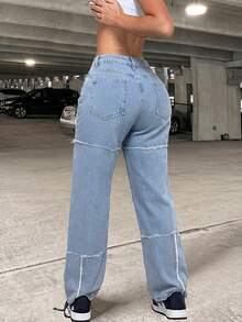 Straight Blue Patchwork Jeans, Non-Stretch Design, Front Button Closure, Creating A Casual Retro Look. - Light Wash - View 4