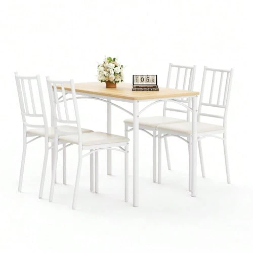 Dining Table Set, Bar Table With 4 Dining Chairs, Kitchen Table With Chairs, Industrial Breakfast Table For Kitchen, Living Room, Party Room, Walnut Wood, 110cm*60cm*76.5cm - White - View 1