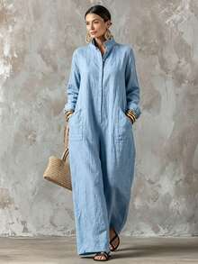 Summer Casual Dress New Arrival Solid Color Lapel Collar Button Front Long Sleeve Loose Dress With Side Pockets - 淺藍色 - 查看 8