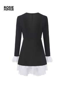 ROSIE POPHUB Women's Black Fdoc Contrast Ruffle Layered Mini Dress V‑Neck Long Flare Sleeve Slim Fit Party Cocktail Dress For Fall & Winter - Black - View 9