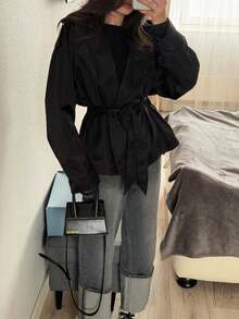 Black Waist-Cinching Short Trench Coat, New Vintage Sexy Style Slim Fit High-End Jacket - Black - View 6