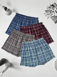 4pcs Men's Thin Plaid Print Elastic Comfortable Plus Size Boxer Briefs Long Underwear Breathable Sports Pants Elastic Waistband Multi-Color Set - Multicolor - View 3