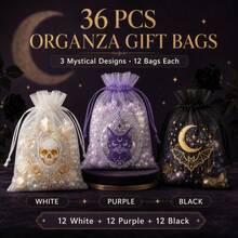 36 Halloween Gift Bags - Made Of Organza Material With Drawstring Design; Patterns Include Vintage Gothic Skulls & Roses, Mysterious Black Cats And Starry Bats; Perfect For "Trick Or Treat" Events, Party Favors, Jewelry & Crystal Packaging And Storage - Multicolor - View 2
