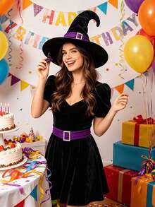 1pc Classic Black Velvet Witch Hat, Rhinestone Buckle Halloween Hat. Suitable For Cosplay And Theme Parties - A - View 5