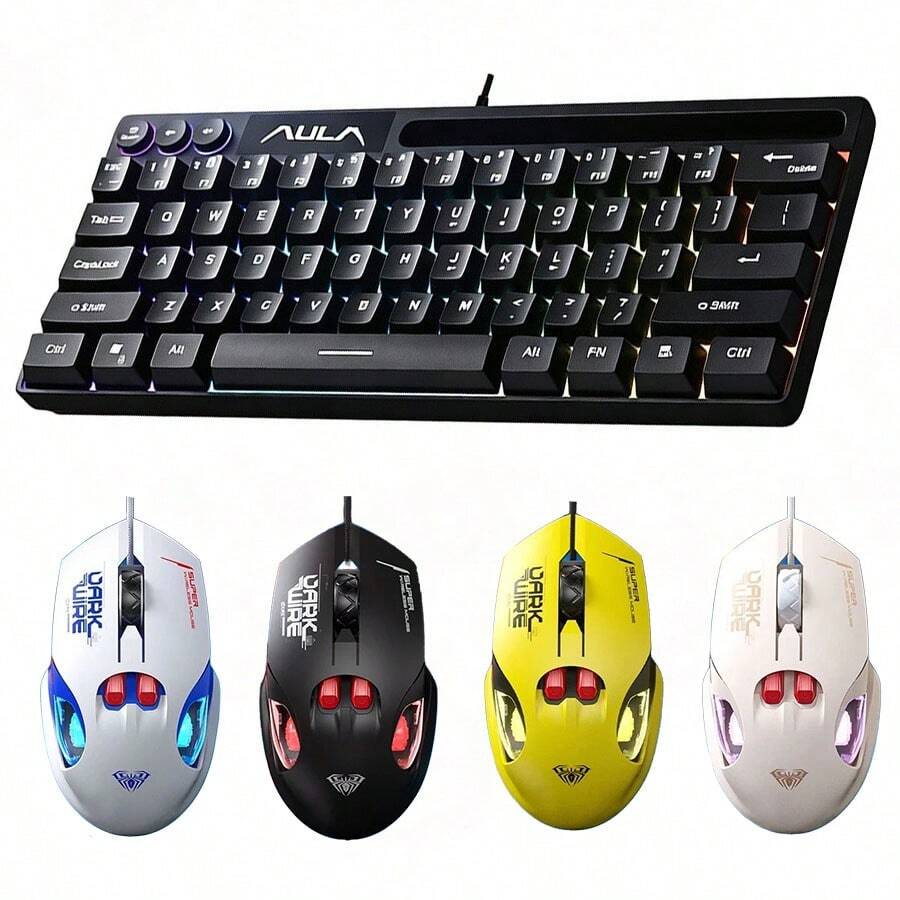 AULA 機械觸感有線鍵盤與滑鼠 RGB 背光 61 鍵迷你遊戲鍵盤，相容於桌上型電腦、筆記型電腦、Mac