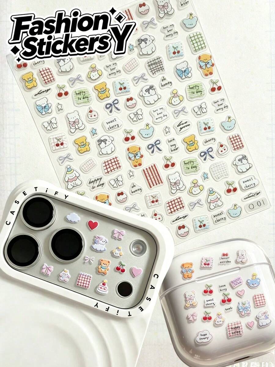 1pc Creamy Style Bear & Cherry Decorative Sticker, Ribbon Bow & Cherry Dessert With Gentle English Phrases, Soft Macaron Color Palette, Fresh Suitable For Decorating Phone Case, Earphone Storage Box, Makeup Box, Full-Page Cute Pattern Enhances Gentle Atmosphere - 1pc Cute Teddy Bear - View 1