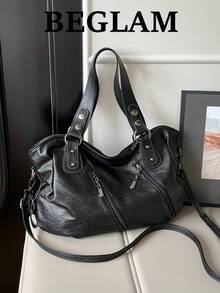 Fashion Solid Color PU Tote Bag, Shoulder Tote Bag, Suitable For Women Shopping, Commuting And Daily Use - Black - View 1