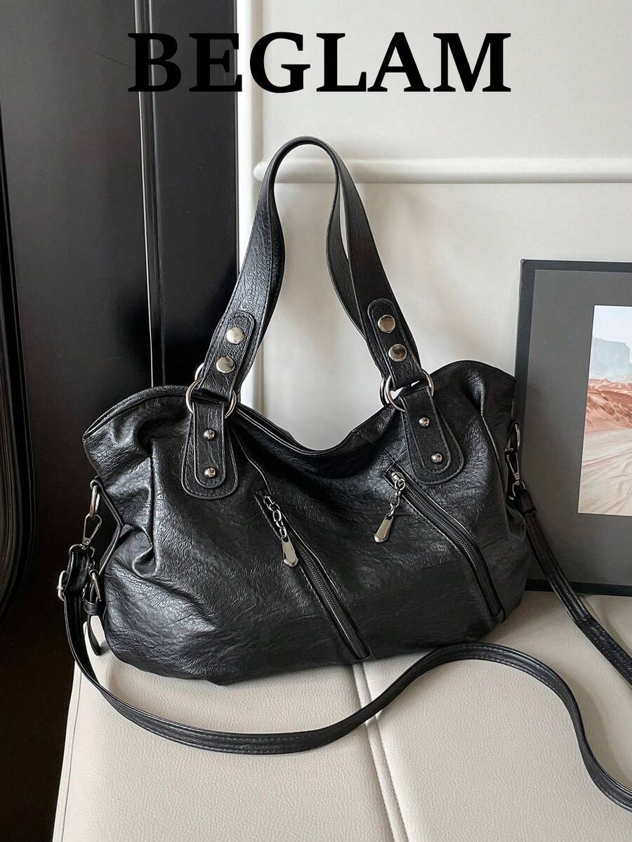 Fashion Solid Color PU Tote Bag, Shoulder Tote Bag, Suitable For Women Shopping, Commuting And Daily Use - Black - View 1