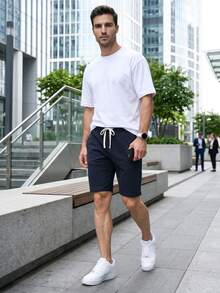 Men's Sweatpants With A Drawstring, Elastic Waistband And Two Side Pockets - Navy Blue - View 4