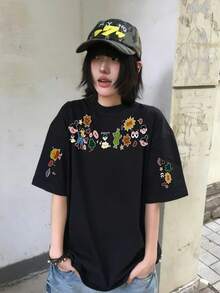 夏季新款 Gen Z Y2K 風格女款趣味卡通袖印花圓領短袖 T 恤休閒黑色 - 黑色 - 查看 2