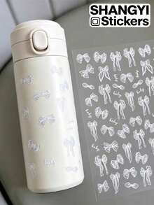1pc White Line Art Ribbon Bow Decorative Sticker, Multiple Ribbon Bow Designs With Simple Small Text, Gentle Lace Hand-Drawn Texture, Suitable For Collage, Phone Case Decoration, Water Bottle Sticker, Notebook Embellishment, Fits Various Handmade DIY Creations - White Line Drawing Of Ribbon Bow - View 1