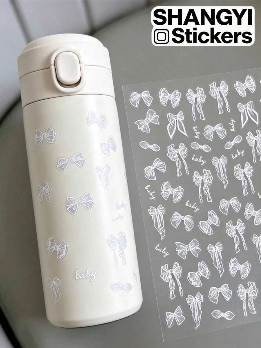 1pc White Line Art Ribbon Bow Decorative Sticker, Multiple Ribbon Bow Designs With Simple Small Text, Gentle Lace Hand-Drawn Texture, Suitable For Collage, Phone Case Decoration, Water Bottle Sticker, Notebook Embellishment, Fits Various Handmade DIY Creations - White Line Drawing Of Ribbon Bow - View 1