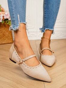 2026 New French Style Pointed Toe Flat Mary Jane Shoes For Women, Low Vamp, Elegant Fashionable For Outwear, Pairs Well With Skirts - Beige - View 5