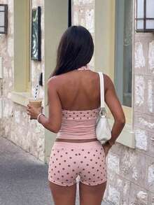 Polka Dot Print Deep V-Neck Patchwork Halter Neck Fitted Tank Top And Shorts 2 Pieces Set Pink Elegant - Pink - View 5