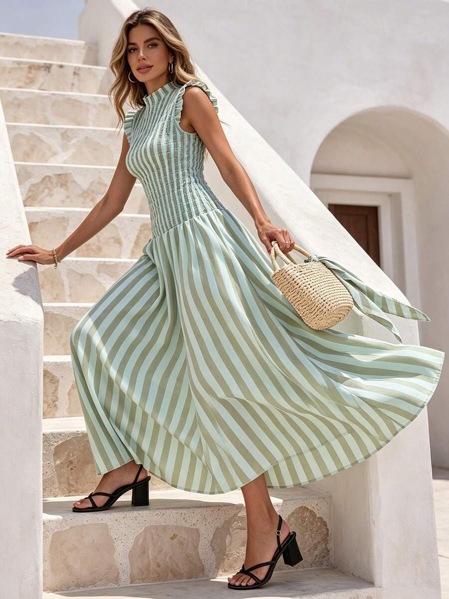 Grün gestreiftes Maxikleid, Damen Rüschen Stehkragen ärmellos geraffte Taille fließend A-Linie Sommerurlaub Sommerkleid - Verschiedenfarbig - Übersicht 1