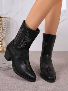 Women's Retro 2026 New Embroidered Western Boots, Chunky Heel, Pointed Toe, Back Zipper, Fashion Ankle Boots For Outdoor Wear - Black - View 3