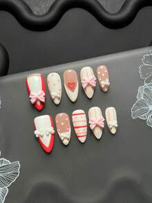 Conjunto de 10 Peças de Unhas Postiças Feitas à Mão, Estilo Y2K, Unhas Fofas e Doces com Laços, Unhas Falsas em Formato de Amêndoa Rosa e Branca, Listras, Bolinhas, Corações Vermelhos e Enfeites de Laço 3D, Reutilizáveis. Adequado para Uso Diário/Ocasiões Festivas. - Multicolorido - Visão 9